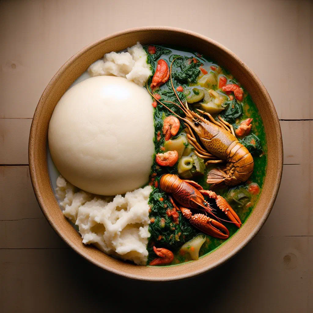 Bowl of smooth white water fufu served with a dark green eru vegetable stew
