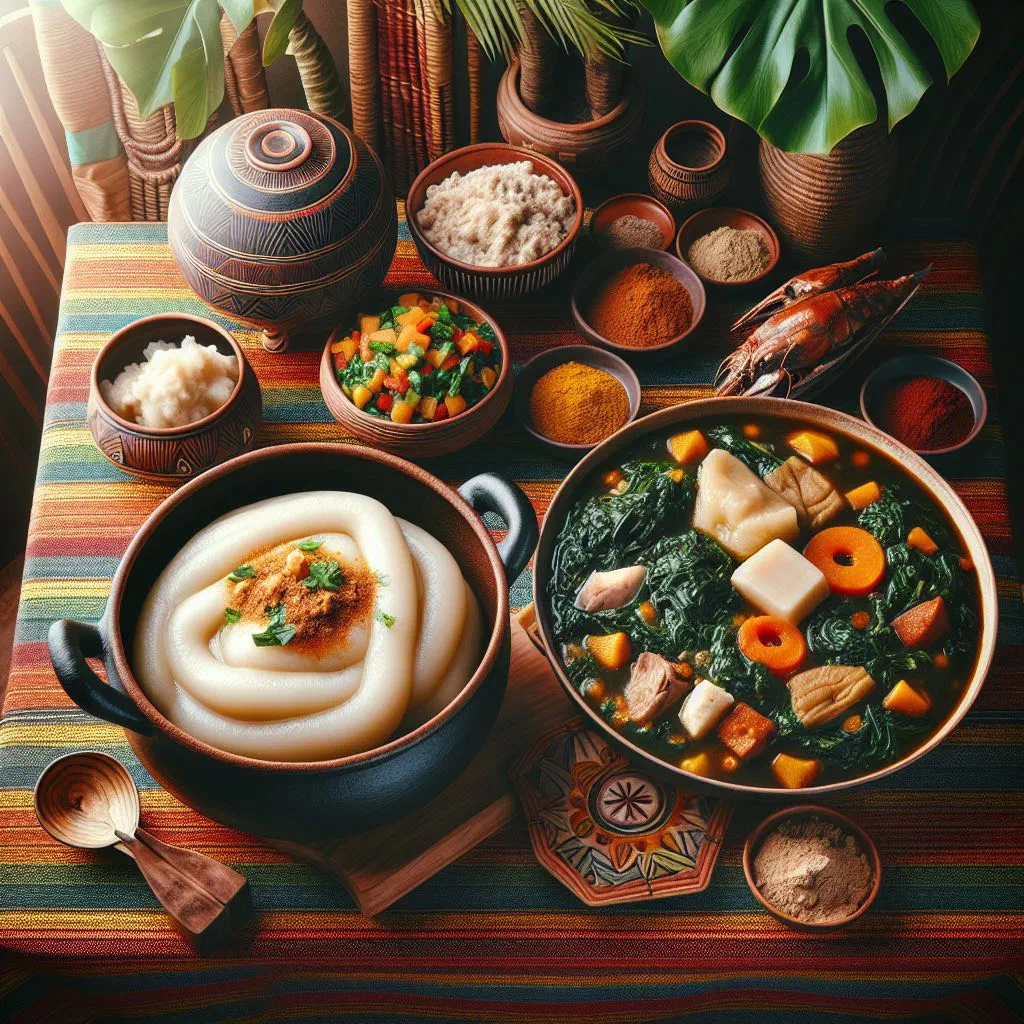 Soft white waterfufu served beside a bowl of dark green eru leaf stew
