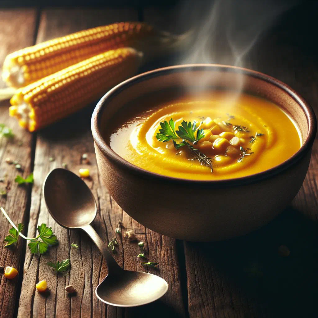 Bowl of golden yellow soup garnished with fresh herbs