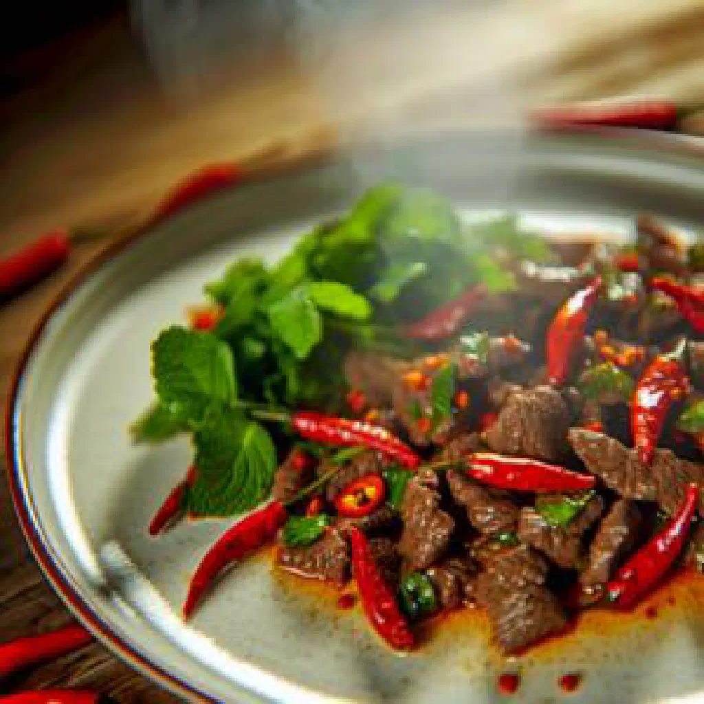 Cameroonian zom stew with tender beef and fresh herbs served with rice