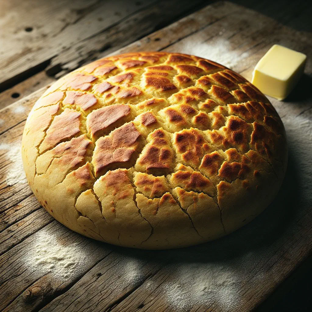 Golden-brown bannock bread torn open on a rustic wooden board