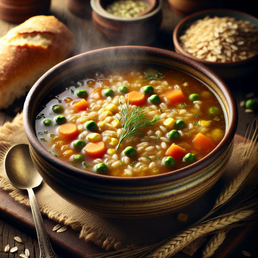 Bowl of Canadian barley soup with carrots, celery and fresh herbs
