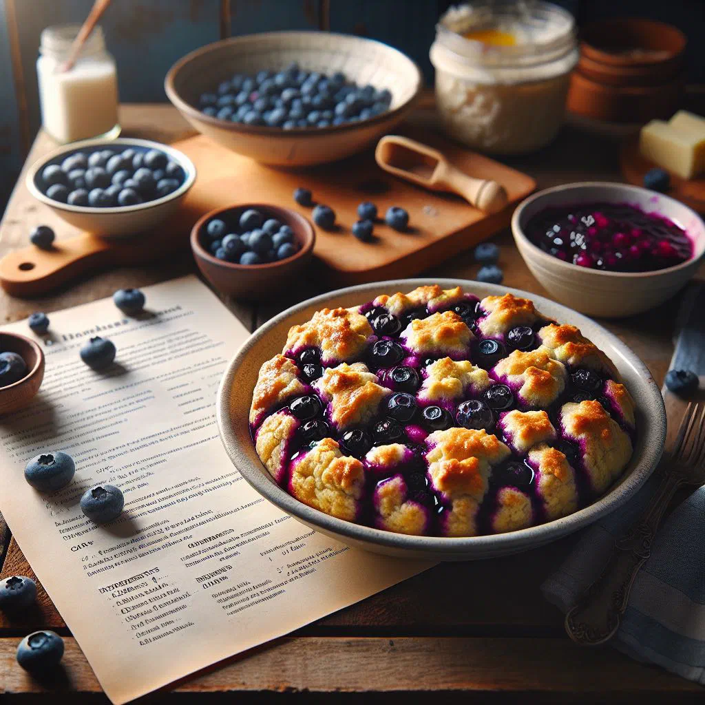 Blueberry grunt with steamed dumplings in a bubbling blueberry compote