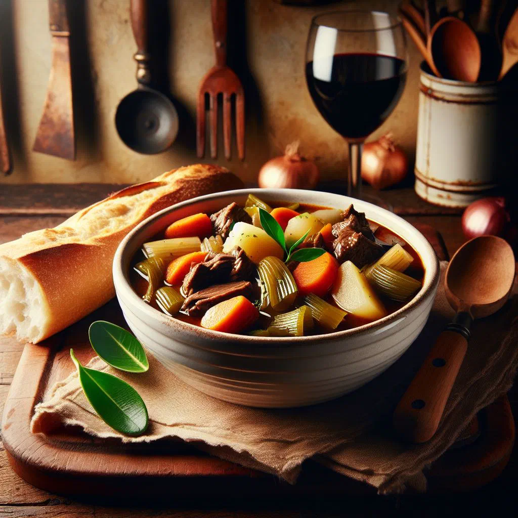Bowl of Canadian bouilli with tender beef, carrots and potatoes in broth