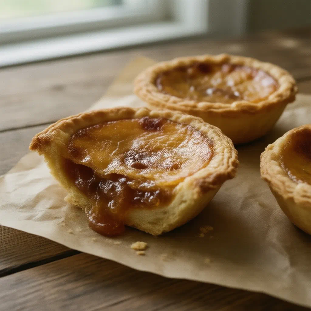 Golden butter tarts with glossy maple filling on a cooling rack