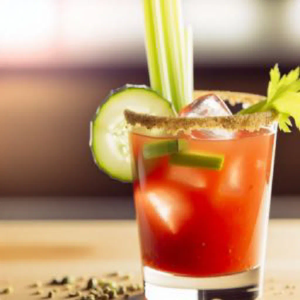 Caesar cocktail in a tall salt-rimmed glass with a celery stick and lime wedge