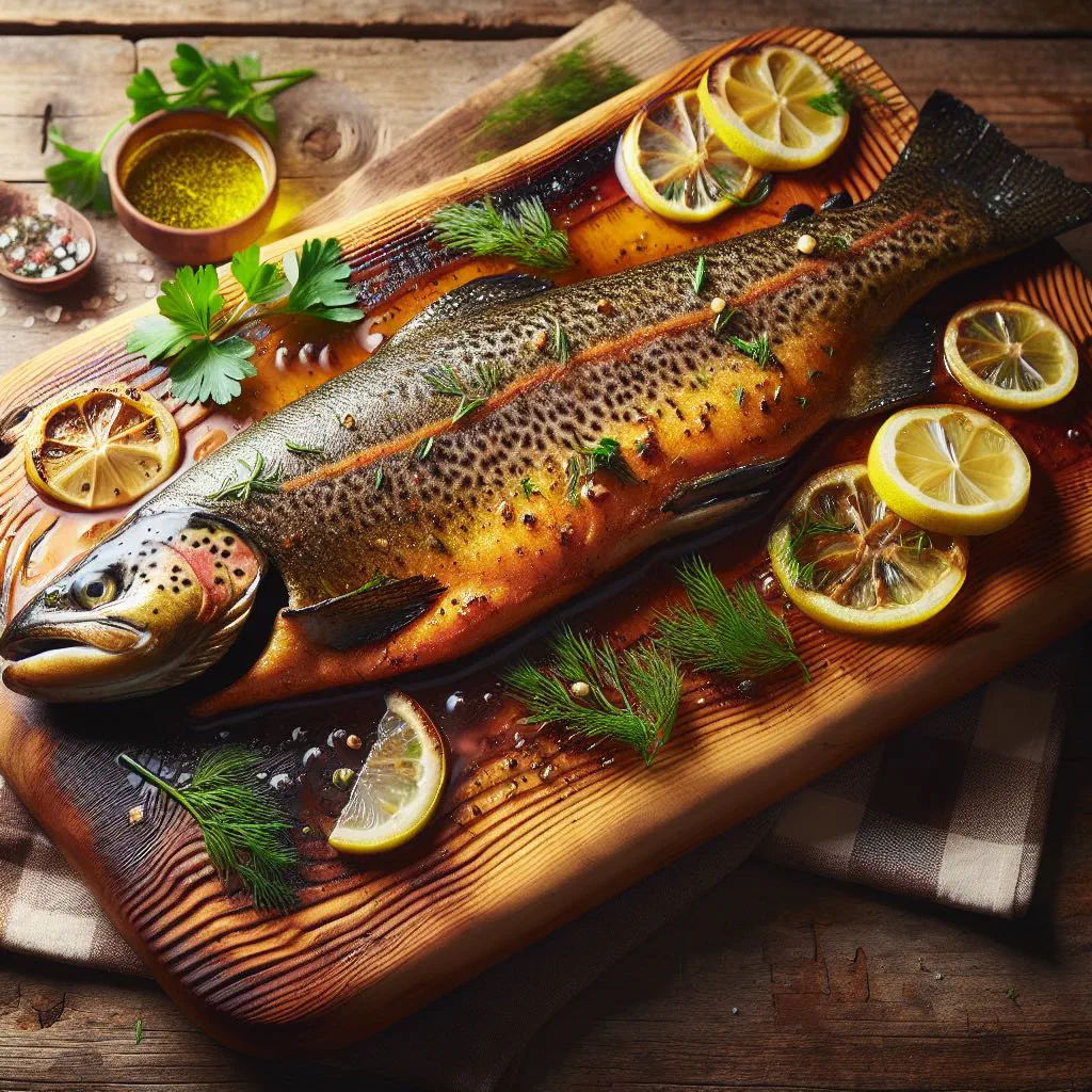Trout fillet baked on a cedar plank with lemon slices and fresh herbs