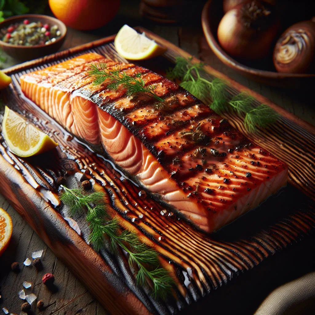 Cedar-planked salmon fillet grilled on a charred cedar board with lemon slices and dill