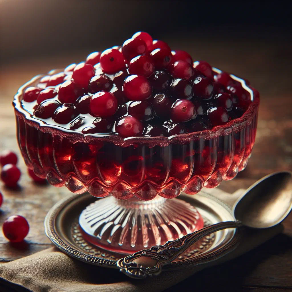 Cranberry flummery in a glass dish topped with fresh cranberries and mint