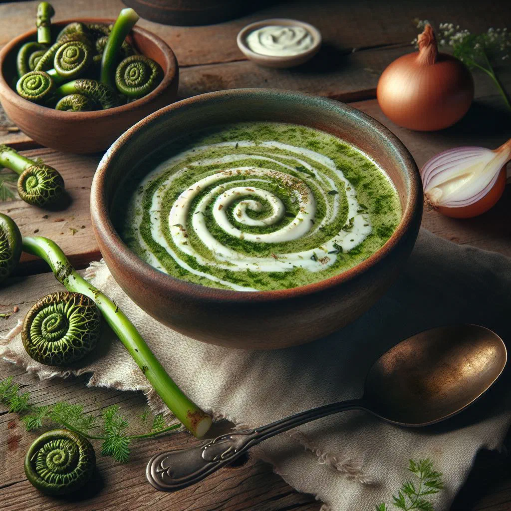 Creamy green fiddlehead soup in a deep bowl garnished with fresh herbs