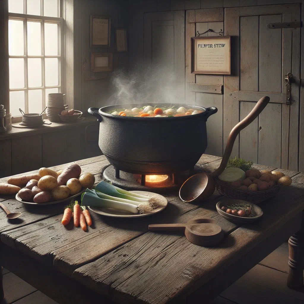 Rustic bowl of dark flipper stew with potatoes, carrots and fresh herbs