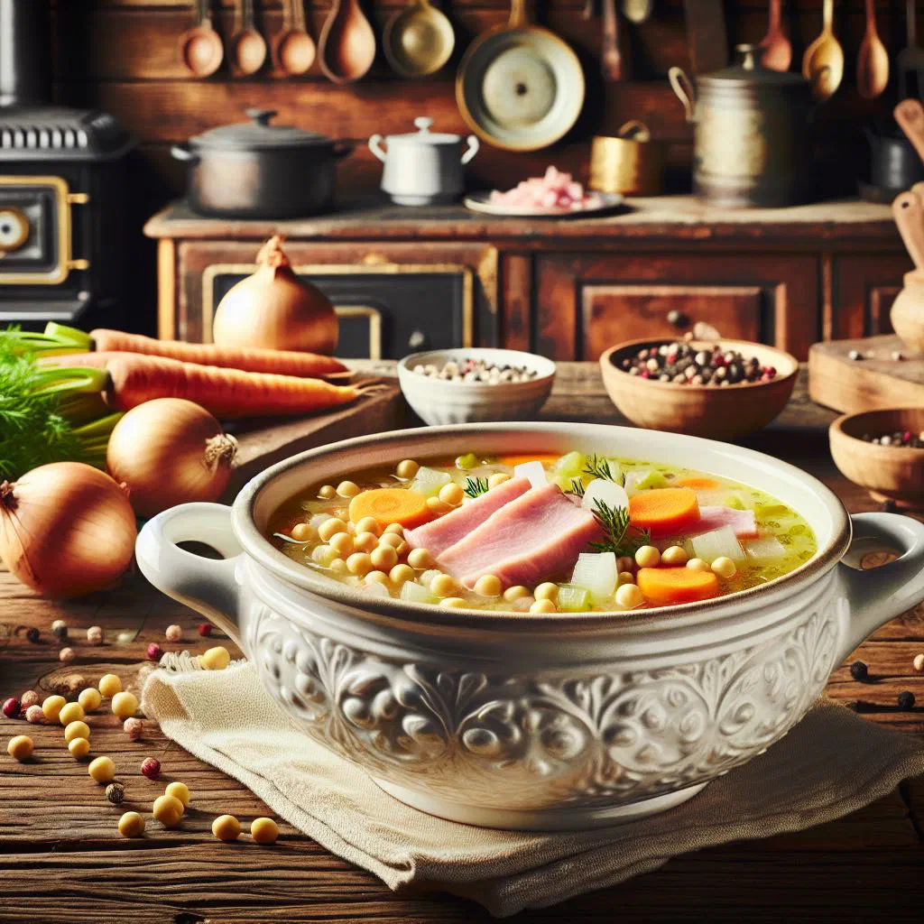 Bowl of Canadian habitant soup with beef, carrots and potatoes, garnished with parsley