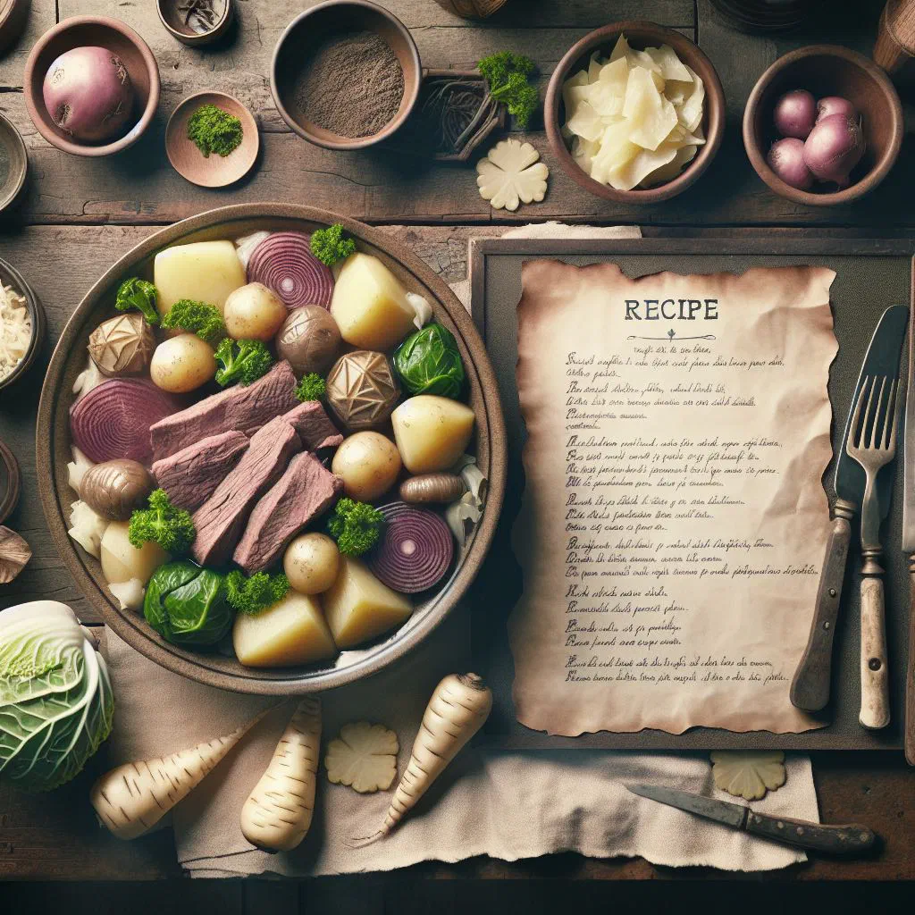 Jiggs dinner with sliced beef, cabbage, carrots and potatoes on a platter