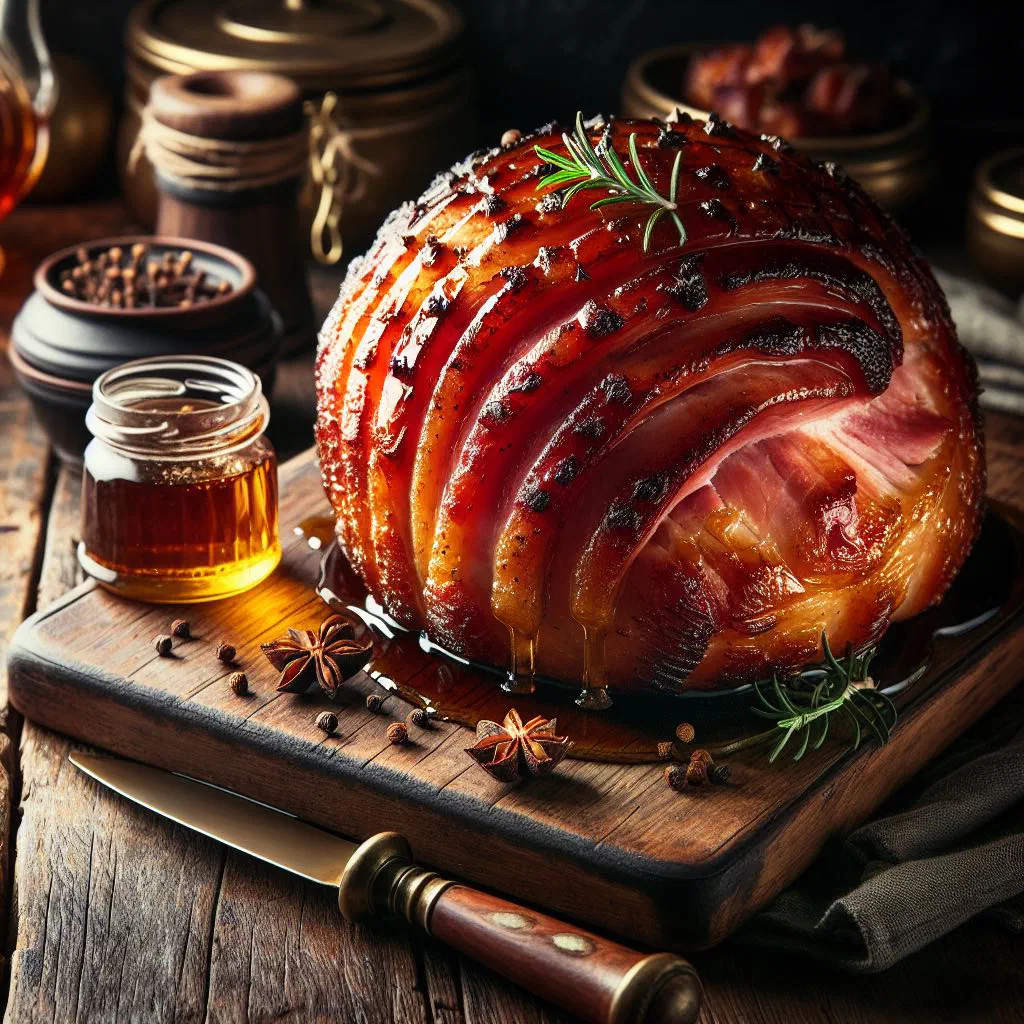 Glazed maple baked ham scored in a diamond pattern on a wooden board