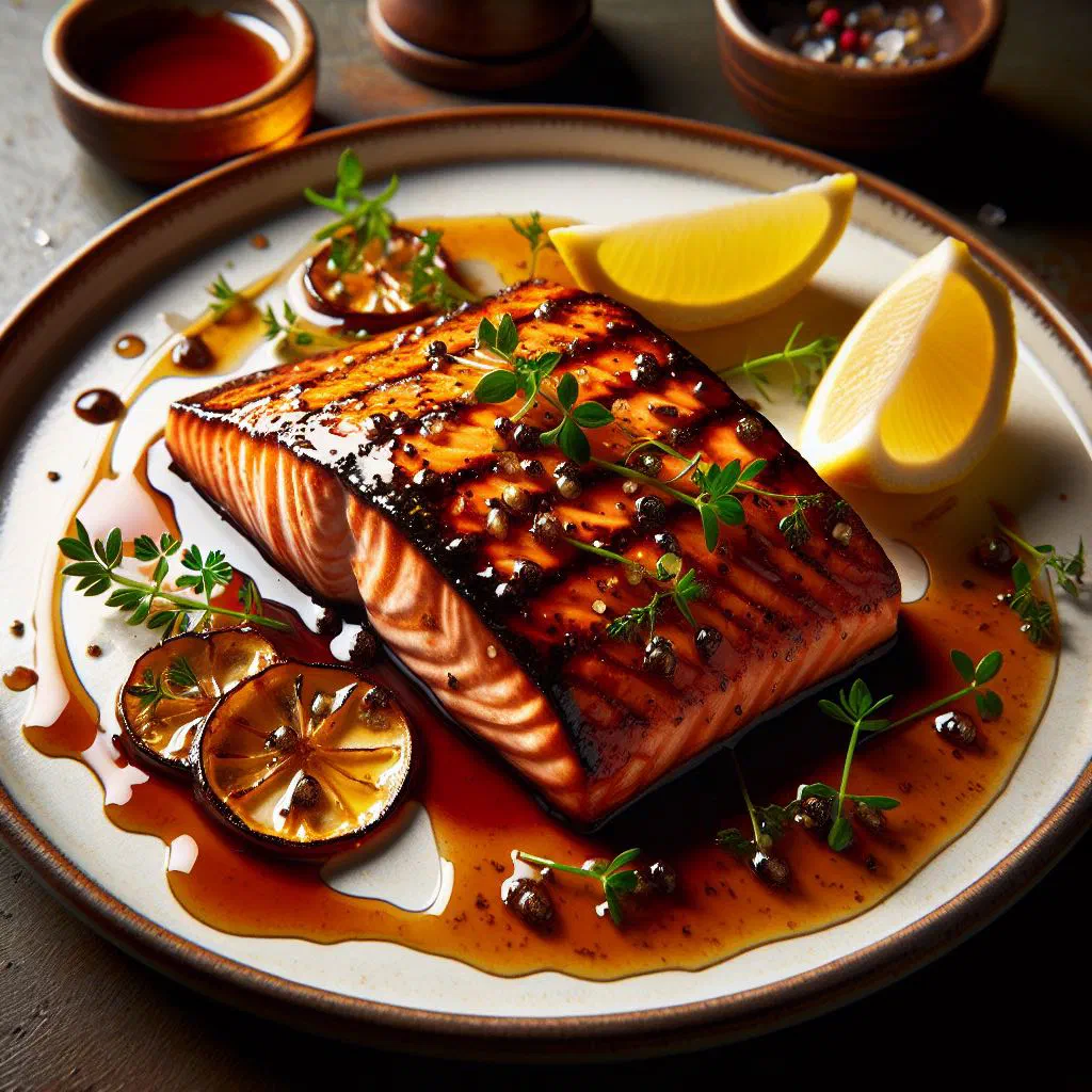 Maple glazed salmon fillets with a glossy syrup crust and lemon slices