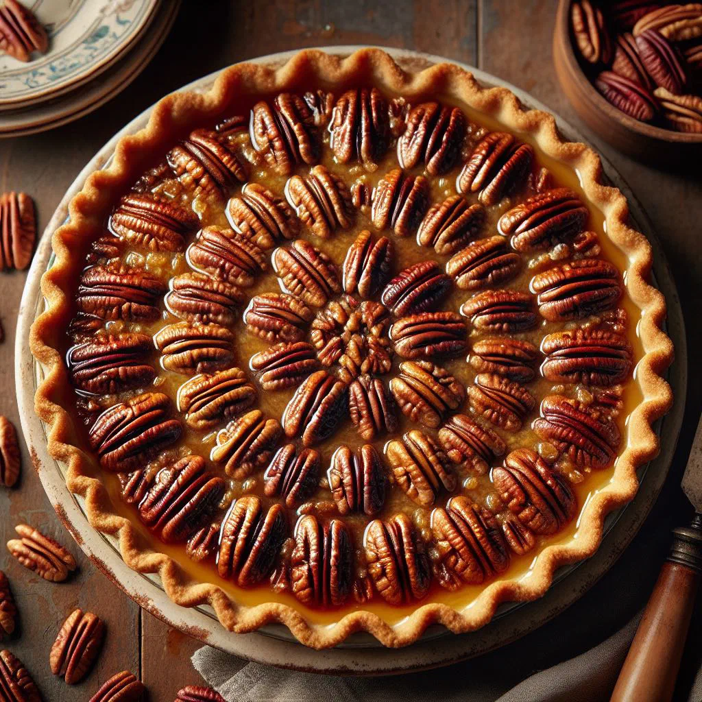 Slice of maple pecan pie with a golden, glossy pecan topping