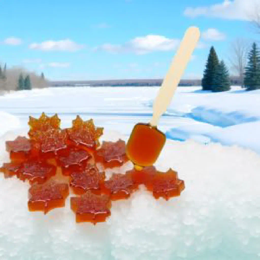 Ribbons of hot maple syrup poured over fresh snow to set into candy