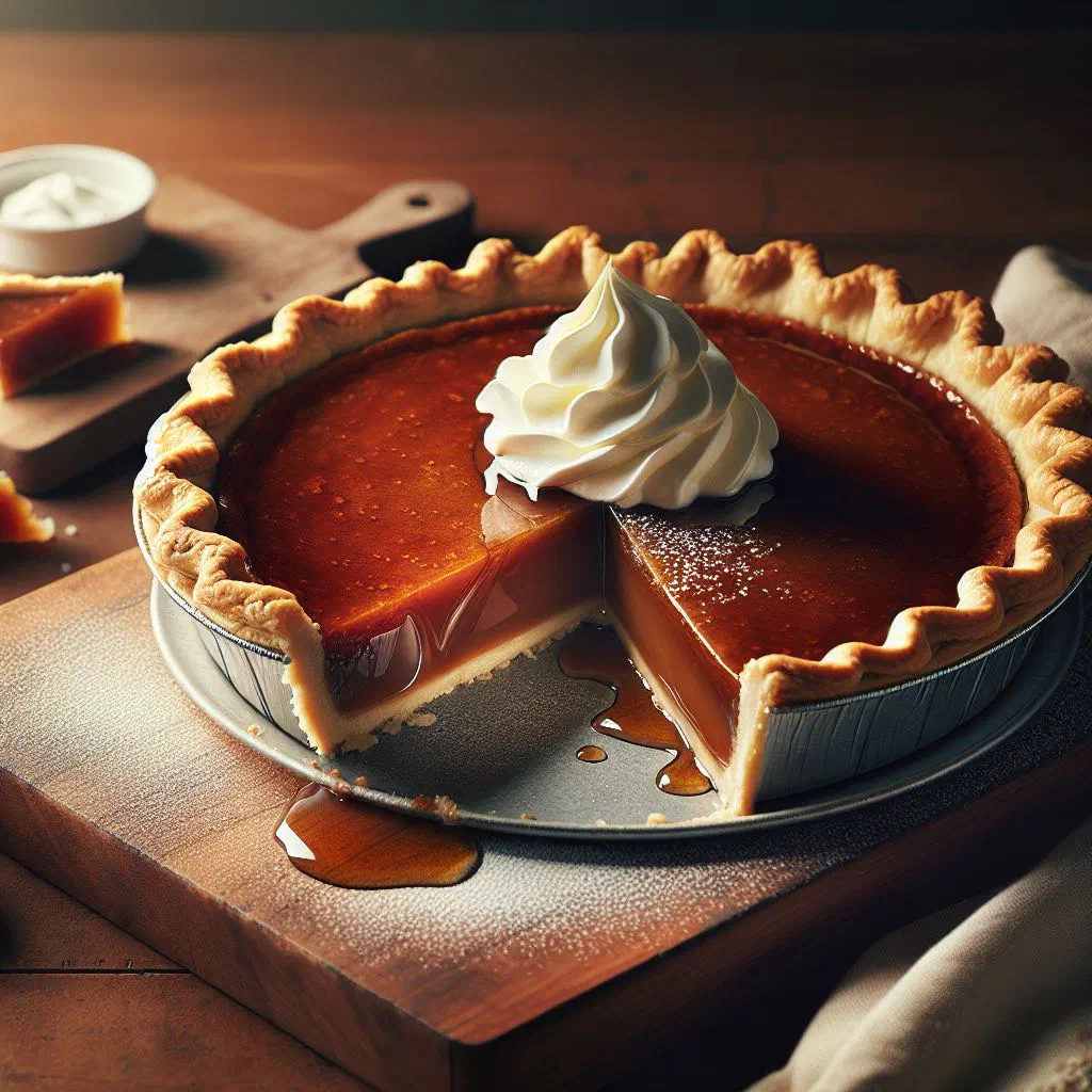 Slice of maple sugar pie with a golden filling and crisp pastry base