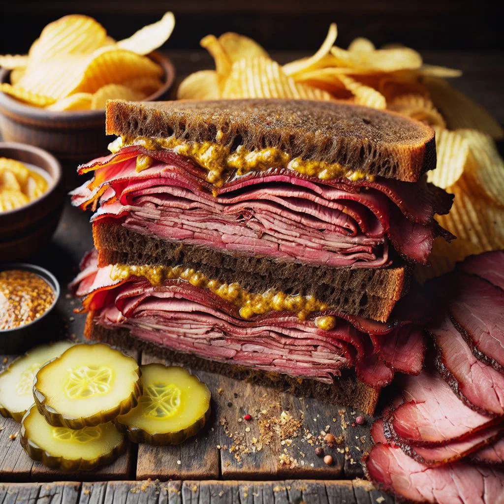 Montreal smoked meat sandwich piled high on rye bread with mustard and a dill pickle