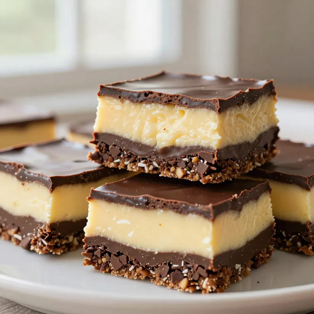 Three-layered Nanaimo bars cut into squares with a glossy chocolate top