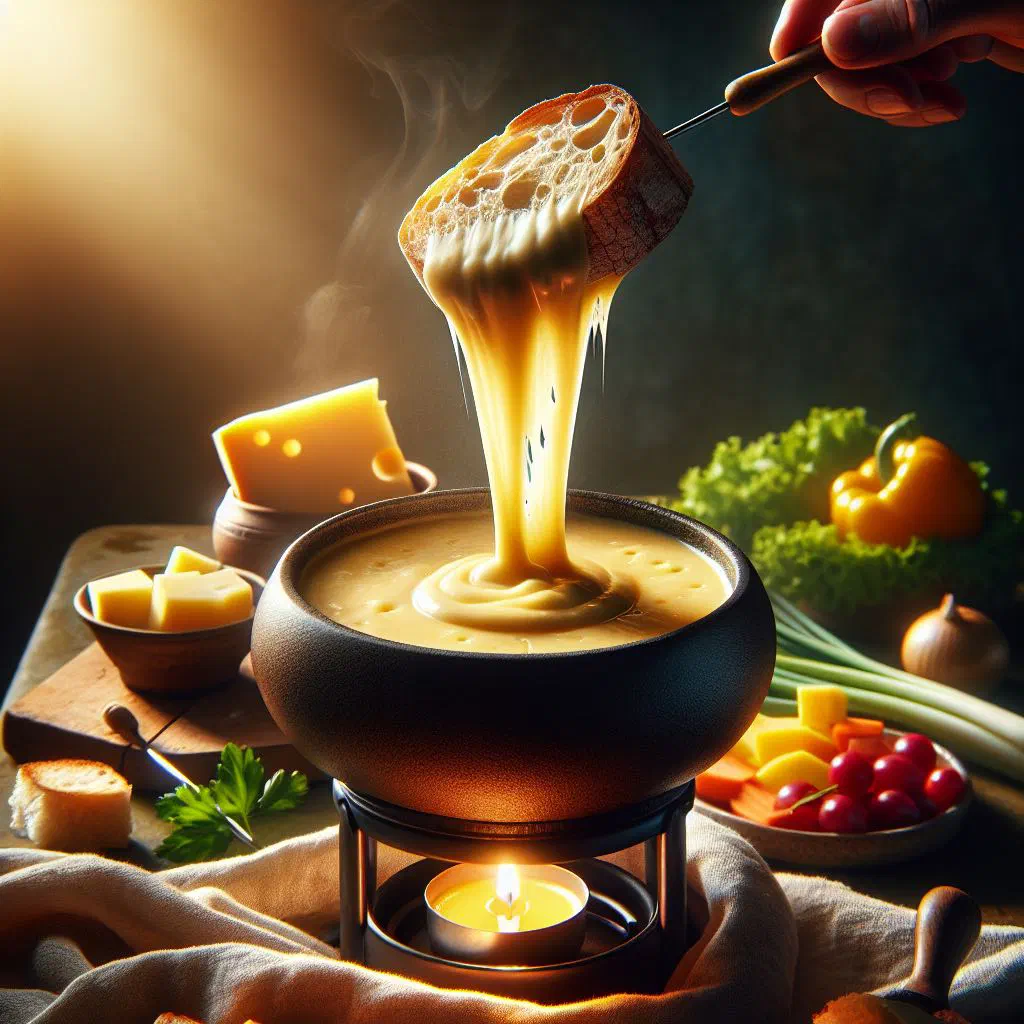 Bubbling Oka cheese fondue in a pot with baguette cubes and vegetable sticks