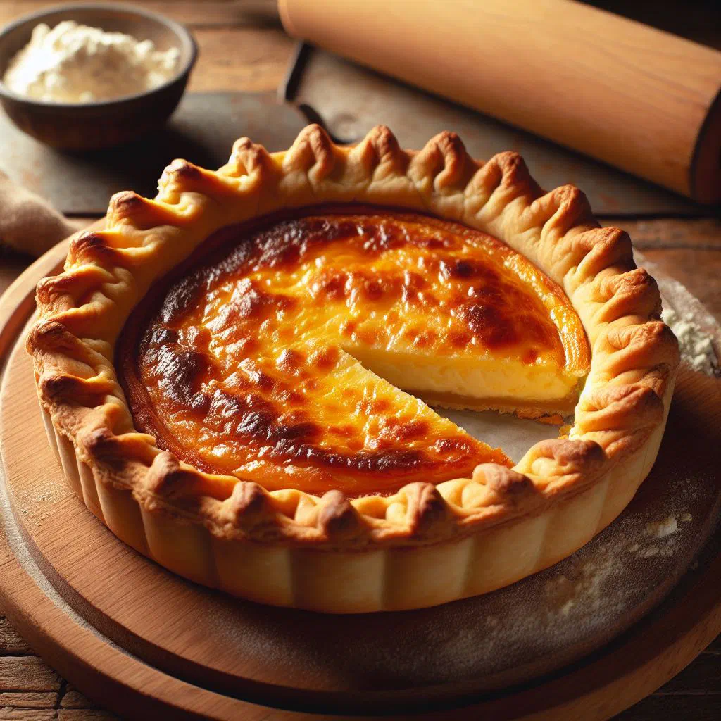 Golden Oka cheese tart garnished with fresh herbs, sliced on a serving plate