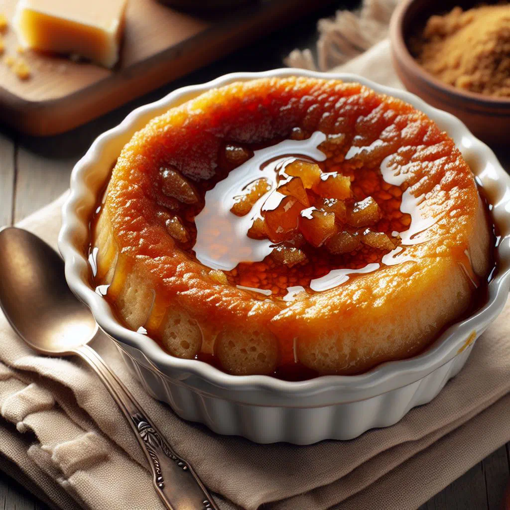 Warm pouding chômeur in a baking dish with golden sponge and caramel sauce