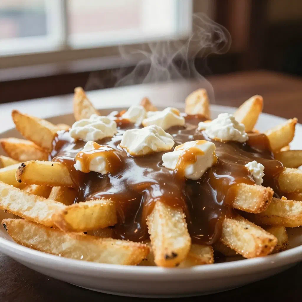 Poutine with crisp chips, cheese curds and rich brown gravy