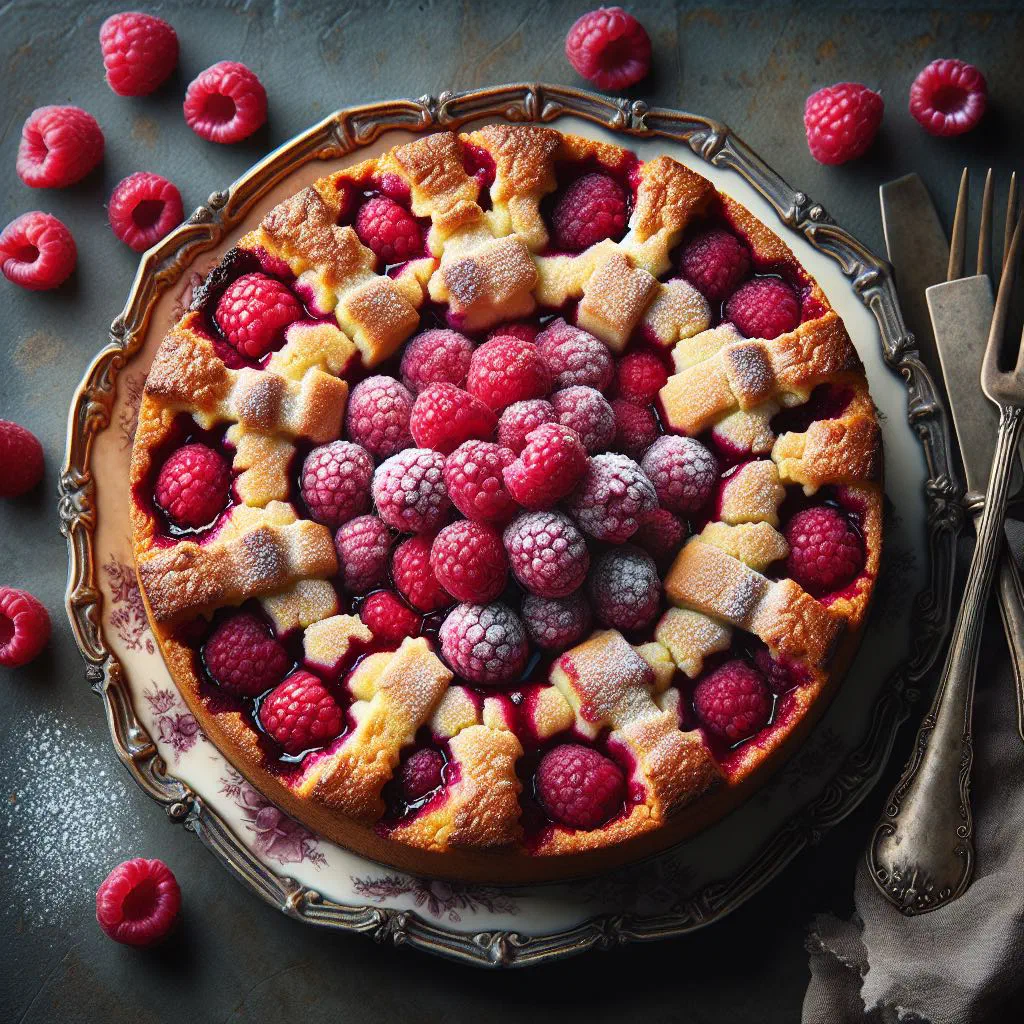 Golden raspberry buckle in a baking dish with fresh raspberries