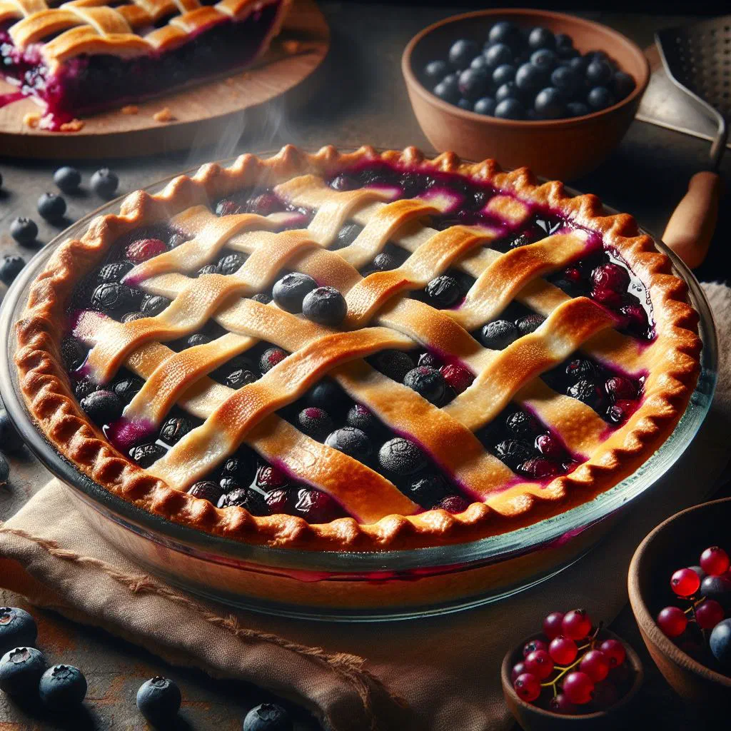 Golden-baked saskatoon berry pie with a lattice crust and dark purple filling