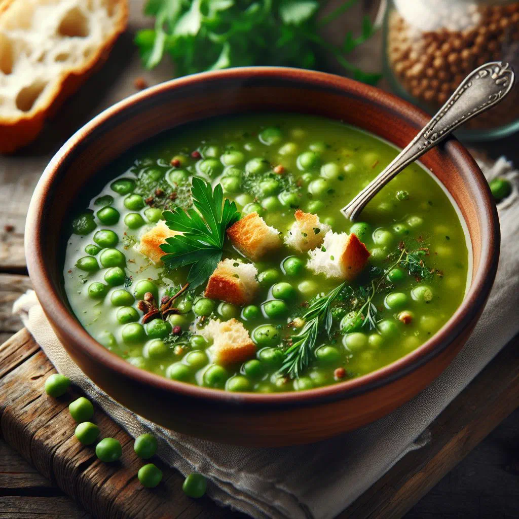 Bowl of creamy green split pea soup garnished with fresh parsley