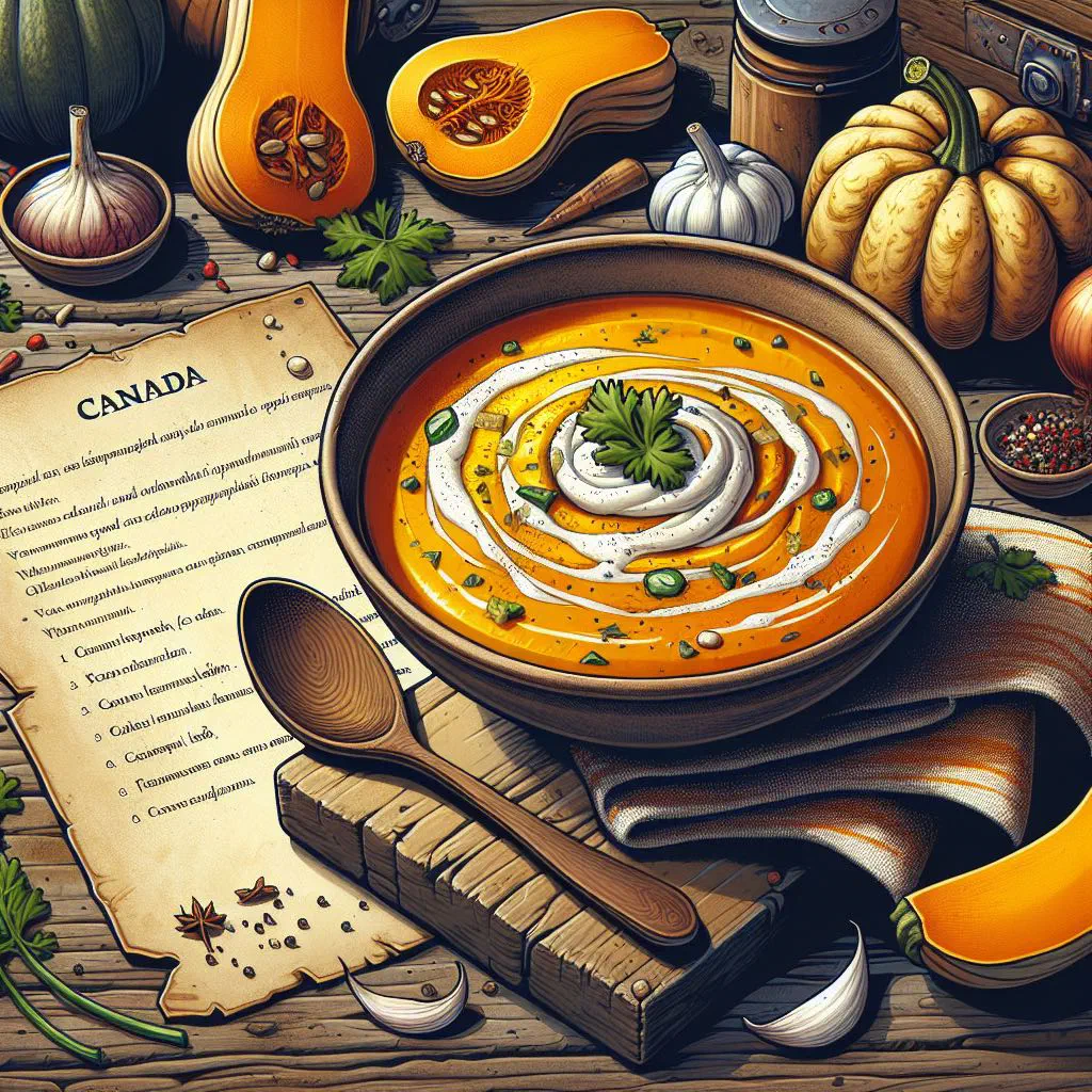 Creamy squash soup in a bowl topped with herbs and toasted seeds
