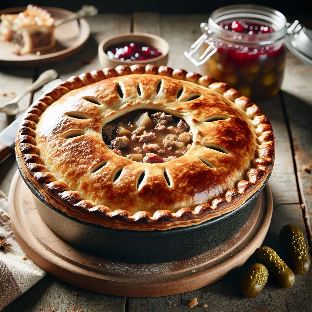 Golden baked Toutière du Lac-Saint-Jean meat pie with a slice cut out