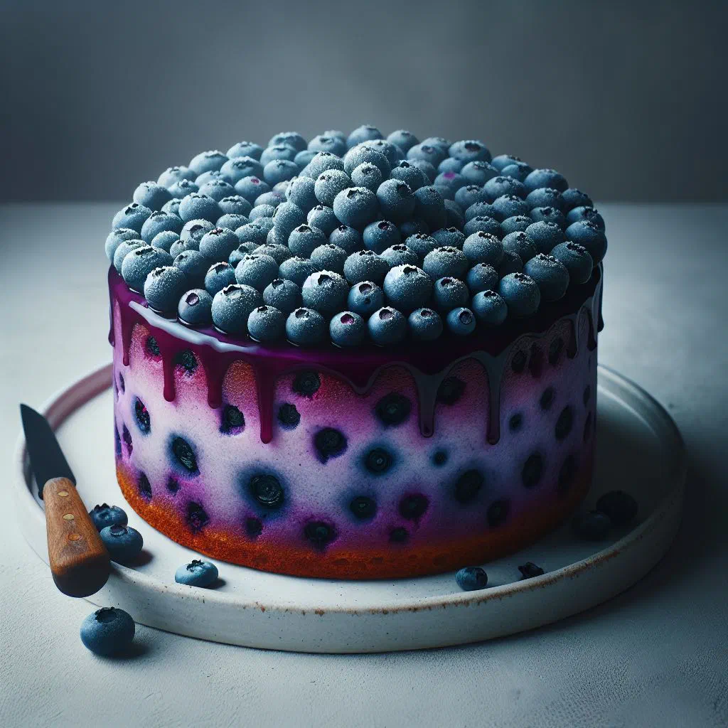 Golden wild blueberry cake dusted with icing sugar and scattered berries