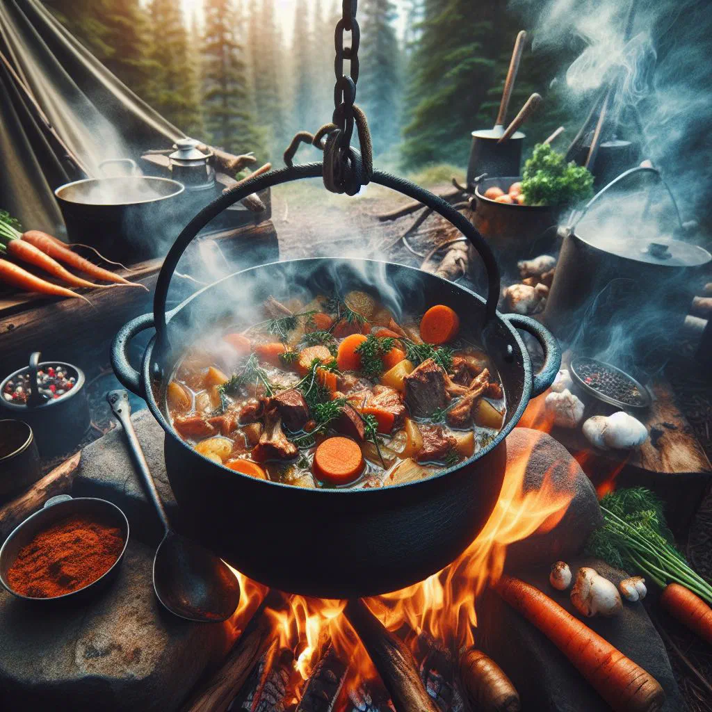 Rustic bowl of Canadian wild game stew with venison, carrots and herbs
