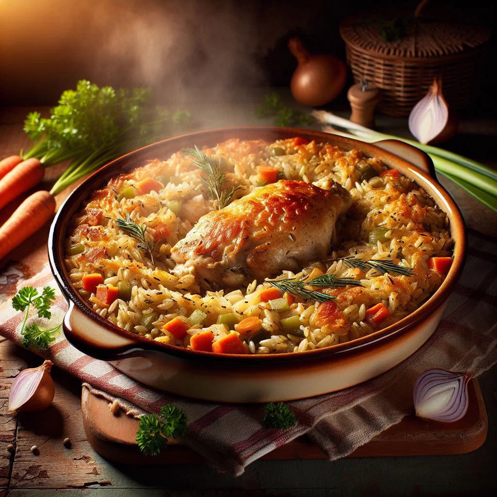 Baked wild rice casserole with colourful vegetables and fresh herbs