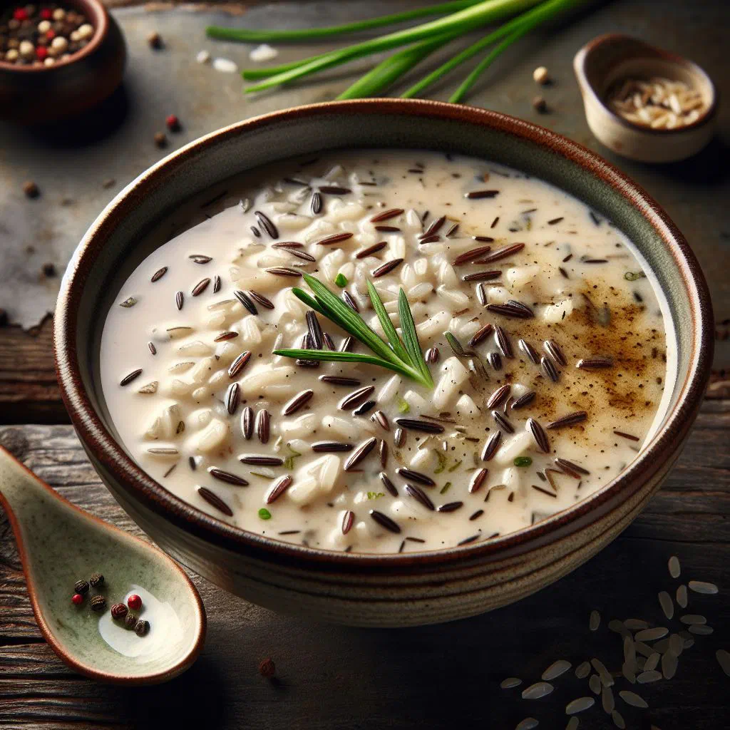 Bowl of Canadian wild rice soup with carrots, celery and fresh parsley