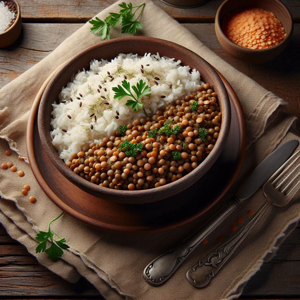 A bowl of Cape Verdean rice and lentils garnished with fresh herbs