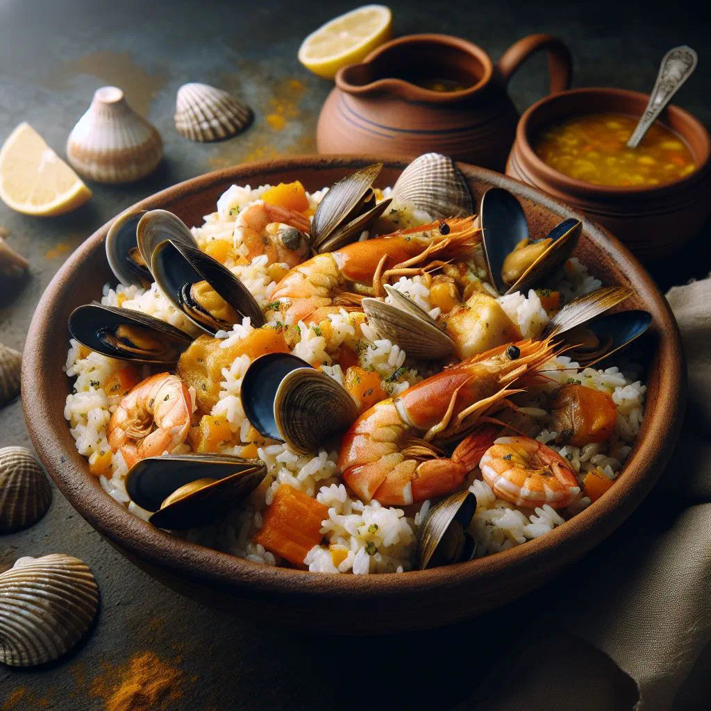 Cape Verdean seafood rice with prawns, mussels and fresh herbs
