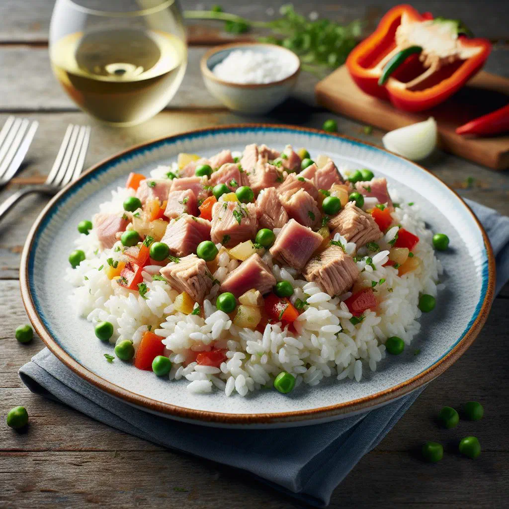 Cape Verdean tuna rice with peppers and fresh herbs in a bowl