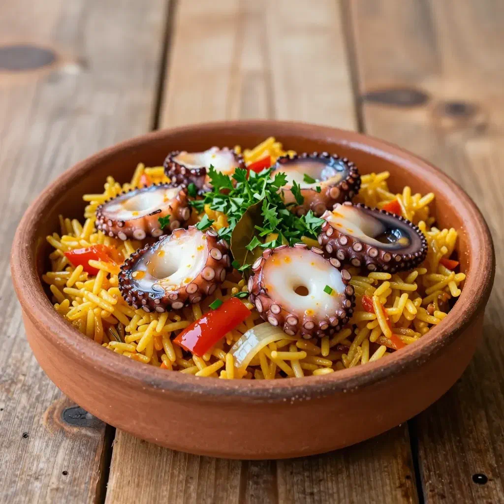 Cape Verdean arroz de polvo, golden rice with octopus tentacle pieces, red pepper and parsley in a clay dish