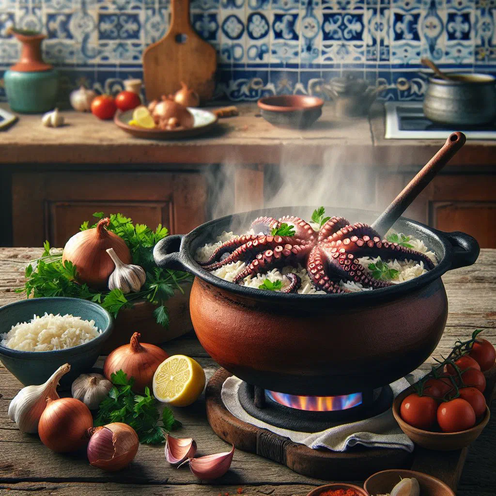 Cape Verdean arroz de polvo with tender octopus and rice garnished with parsley