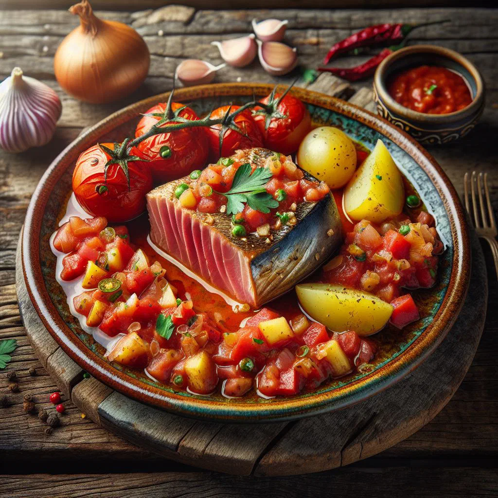 Fresh tuna simmered in a spiced tomato sauce with herbs