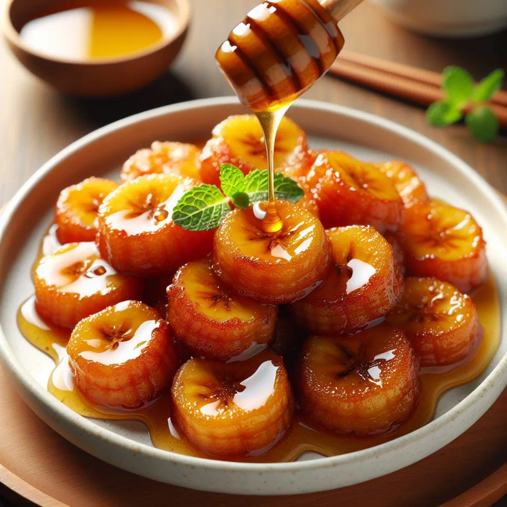 Golden fried banana slices drizzled with honey and dusted with cinnamon