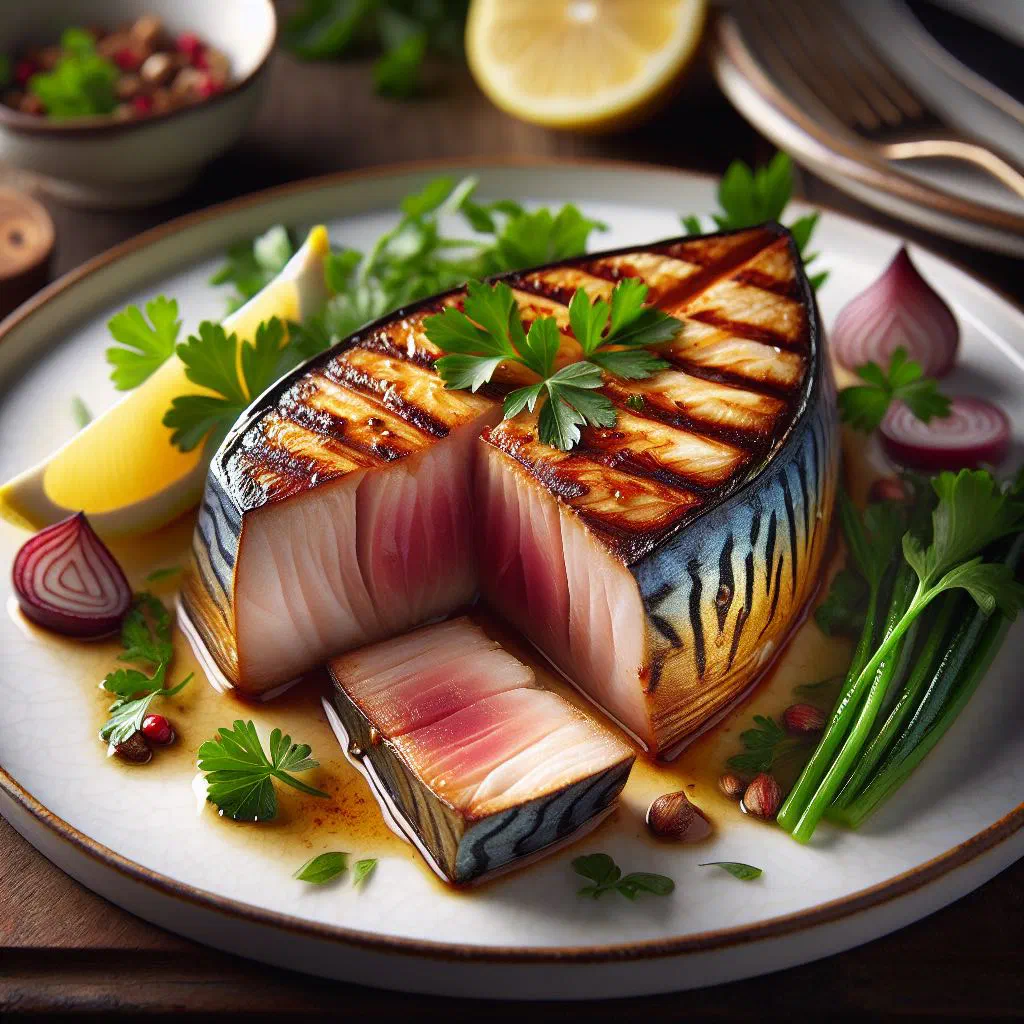 Pan-fried fish steaks garnished with fresh herbs and lemon