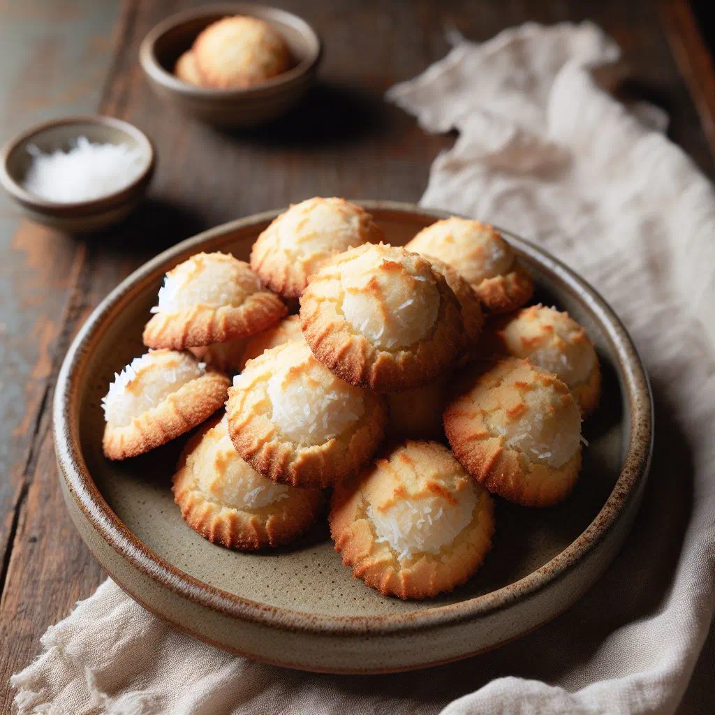 Golden-baked coconut biscuits cooling on a wire rack