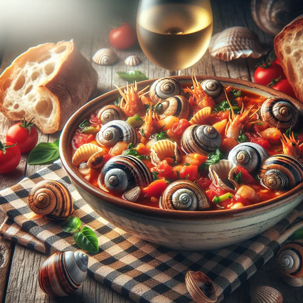 Cape Verdean buzio stew with shellfish, peppers and tomato garnished with fresh herbs
