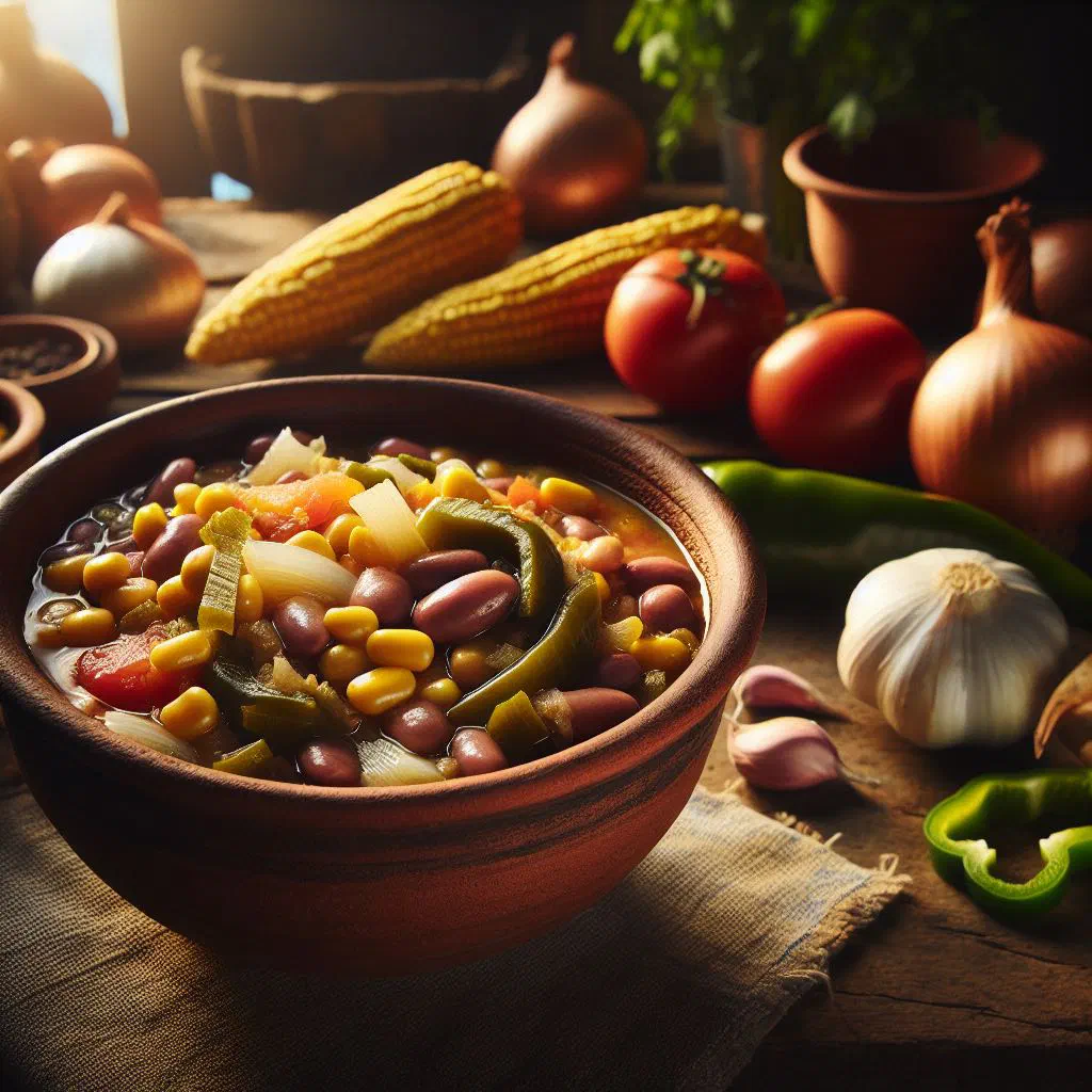 A bowl of Cachupa Pobre with corn, beans, vegetables and sausage