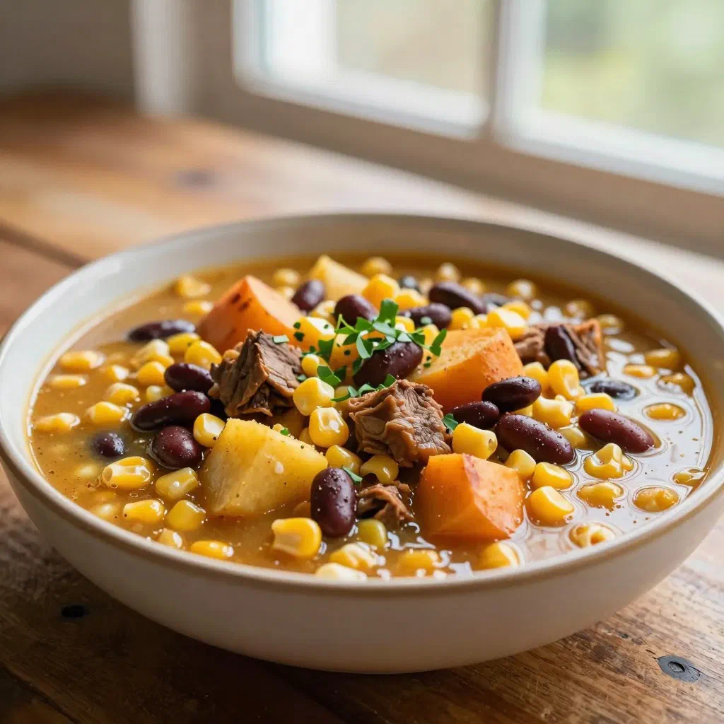 A steaming bowl of Cachupa with corn, beans, root vegetables and meat