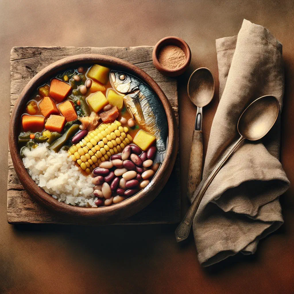 A steaming bowl of Cachupa with corn, beans, root vegetables and meat